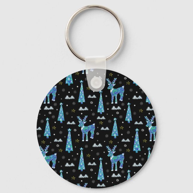 Reindeer, snowflakes, Christmas pattern Keychain (Front)