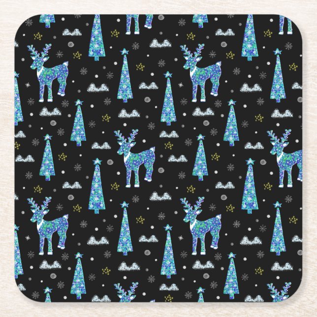 Reindeer, snowflakes, Christmas pattern Square Paper Coaster (Front)