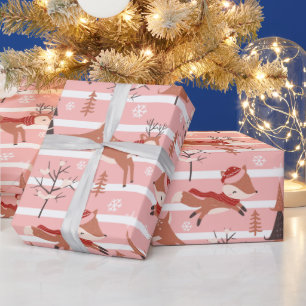 Reindeer Snowflakes Trees Pink and White Christmas Wrapping Paper