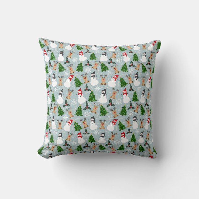 Reindeer, Snowman, Tree Design Throw Pillow (Front)