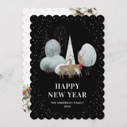 Reindeer Snowy Forest Black New Year Card