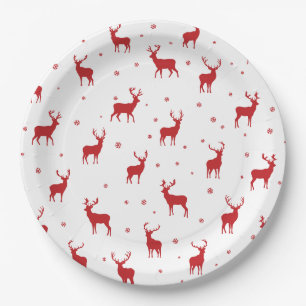 Reindeer Stag Pattern Red Holiday Paper Plate