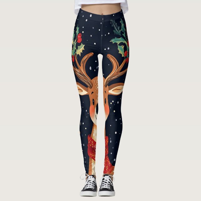 Reindeer Starry Christmas Twinkle Night Leggings (Front)