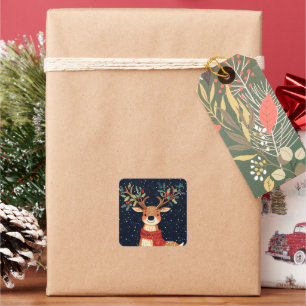 Reindeer Starry Christmas Twinkle Night Square Sticker