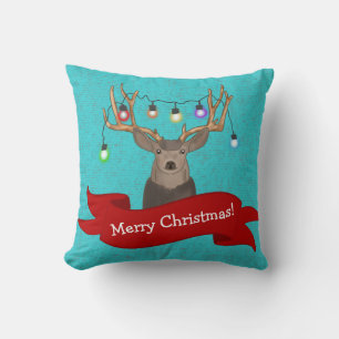Reindeer Tangled in Christmas Lights   Turquoise Throw Pillow
