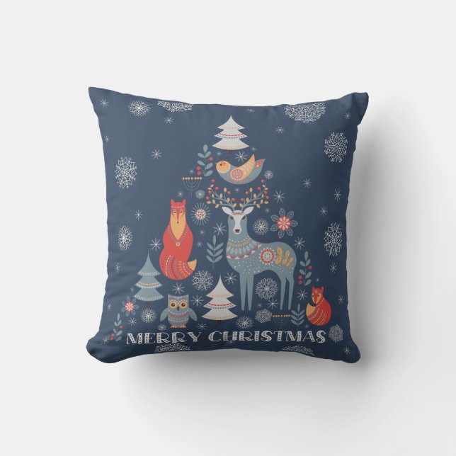 Reindeer Tree Scandinavian Animal Snowflake Blue  Throw Pillow (Front)