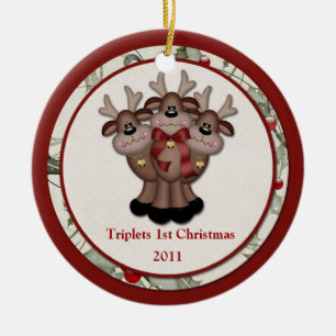 Reindeer Triplets 1st Christmas Ceramic Ornament