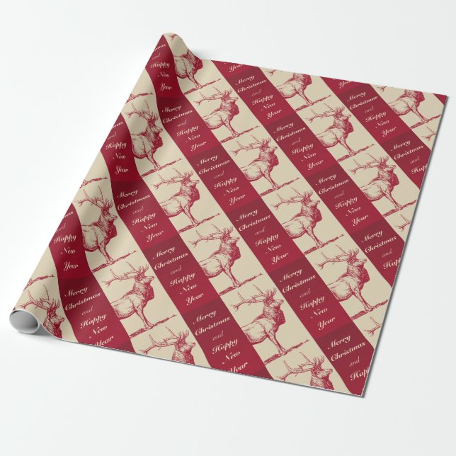Reindeer Vintage Illustration Wrapping Paper (Unrolled)