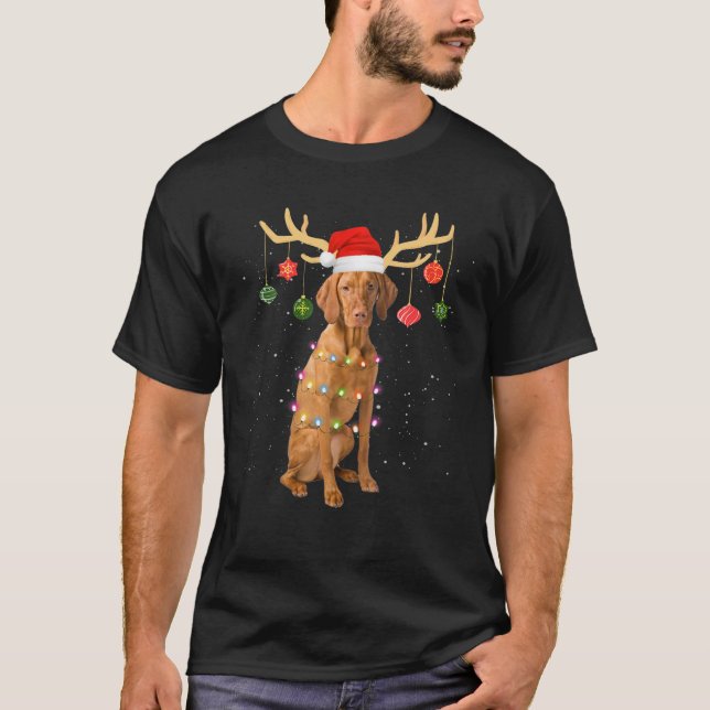 Reindeer Vizsla Dog Santa Hat Christmas Light Xmas T-Shirt (Front)