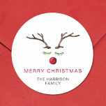 Reindeer Watercolor Merry Christmas Classic Round Sticker<br><div class="desc">Unique and festive modern holiday mailing or gift sticker featuring an abstract of a reindeer's face composed of watercolors of antlers,  green leaves for the eyelashes and a red berry for the nose. "Merry Christmas" is written in red and underneath you can personalize with your family name.</div>