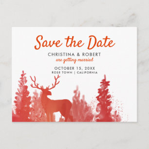 Reindeer Watercolor Red Winter Save The Date Announcement Postcard