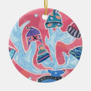 Reindeer wearing many Hats in Winter Christmas Ceramic Ornament