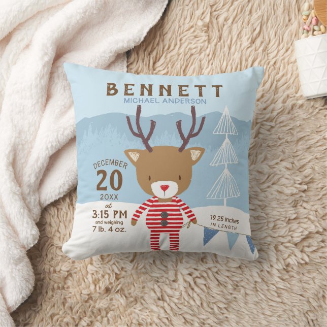 Reindeer Winter Birth Stats Nursery Keepsake Throw Pillow (Blanket)
