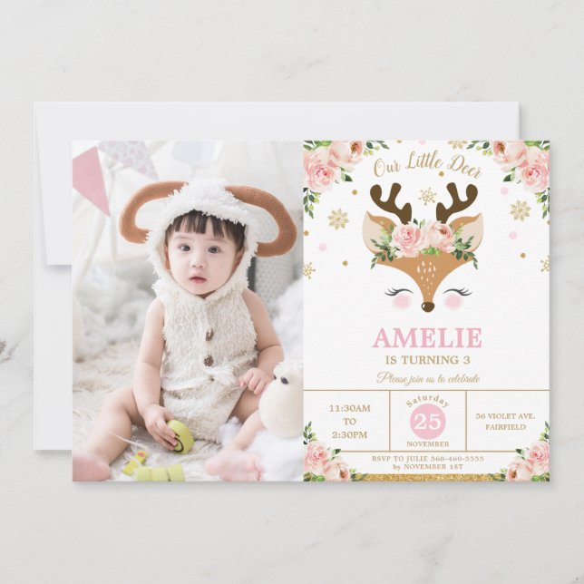 Reindeer Winter Gold Snowflakes Birthday Photo Invitation (Front)
