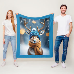 Reindeer With a Cute Winter knit Cap Fleece Blanket