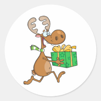Reindeer With Christmas Gift Classic Round Sticker