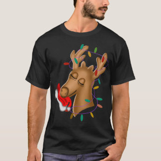 Reindeer With Christmas Lights And Santa Claus Hat T-Shirt