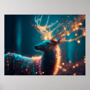Reindeer with Christmas lights in the night forest Poster