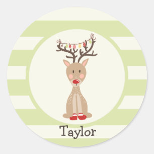 Reindeer with Christmas Lights; Light Green Classic Round Sticker