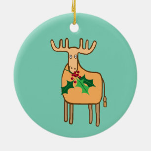 reindeer with holly, moose with christmas lights ceramic ornament