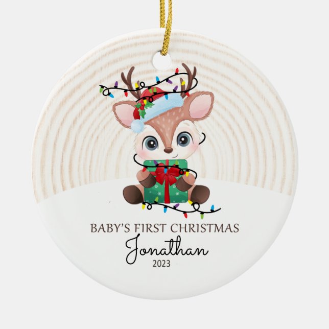 Reindeer with Lights Baby First Christmas Ceramic Ornament (Front)