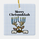 Reindeer With Menorah Antlers Chrismukkah Ornament<br><div class="desc">This ornament features my Jewish reindeer whose antlers are a Menorah. The text on this ornament is customizable to suit you or your recipient.  Designed by Sheila Cicchi,  Brownielocks.com. All Rights Reserved.  NOTE: Due to the design style,  this can only be purchased on SQUARE ornaments only.</div>