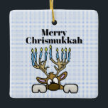 Reindeer With Menorah Antlers Chrismukkah Ornament<br><div class="desc">This ornament features my Jewish reindeer whose antlers are a Menorah. The text on this ornament is customizable to suit you or your recipient.  Designed by Sheila Cicchi,  Brownielocks.com. All Rights Reserved.  NOTE: Due to the design style,  this can only be purchased on SQUARE ornaments only.</div>