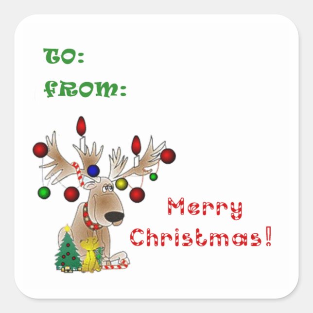 Reindeer with Ornaments & Lights on Antlers Square Sticker (Front)