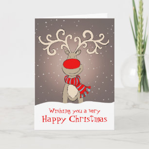 Reindeer with red nose Christmas card soft grey
