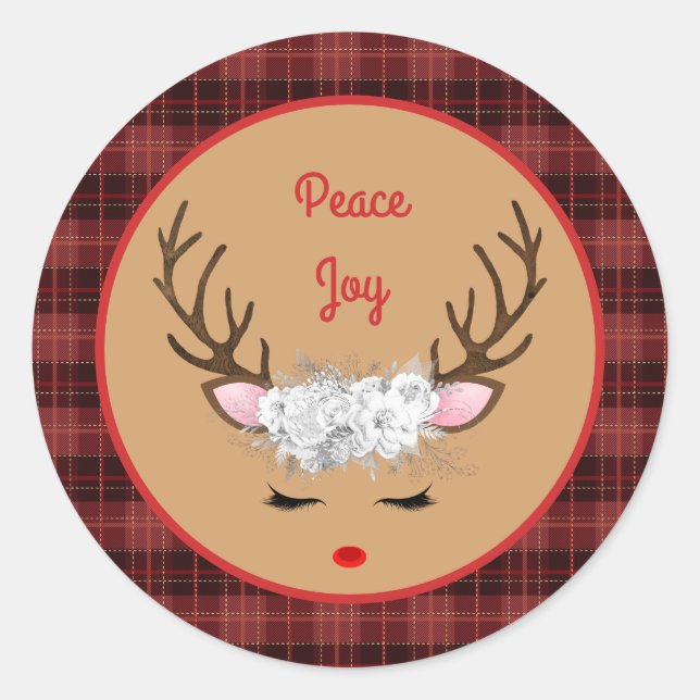 Reindeer with White Roses on Plaid Peace and Joy Classic Round Sticker (Front)