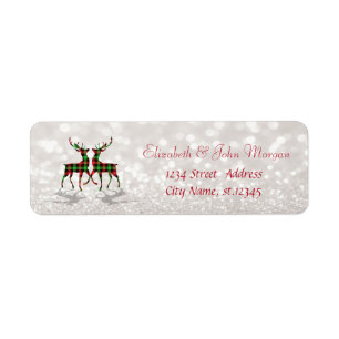 Reindeers Buffalo Plaid Glittery Bokeh Label