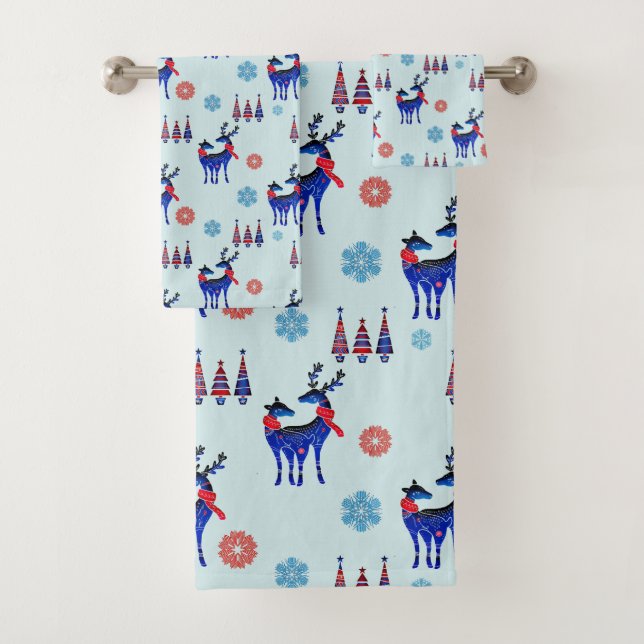 Reindeers, Christmas Trees and Snowflakes Pattern Bath Towel Set (Insitu)