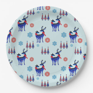 Reindeers, Christmas Trees and Snowflakes Pattern Paper Plate