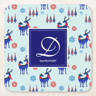 Reindeers, Christmas Trees and Snowflakes Pattern Square Paper Coaster