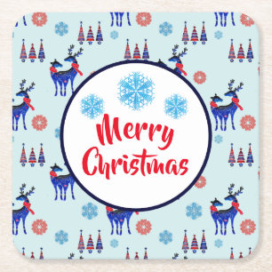 Reindeers, Christmas Trees and Snowflakes Pattern Square Paper Coaster