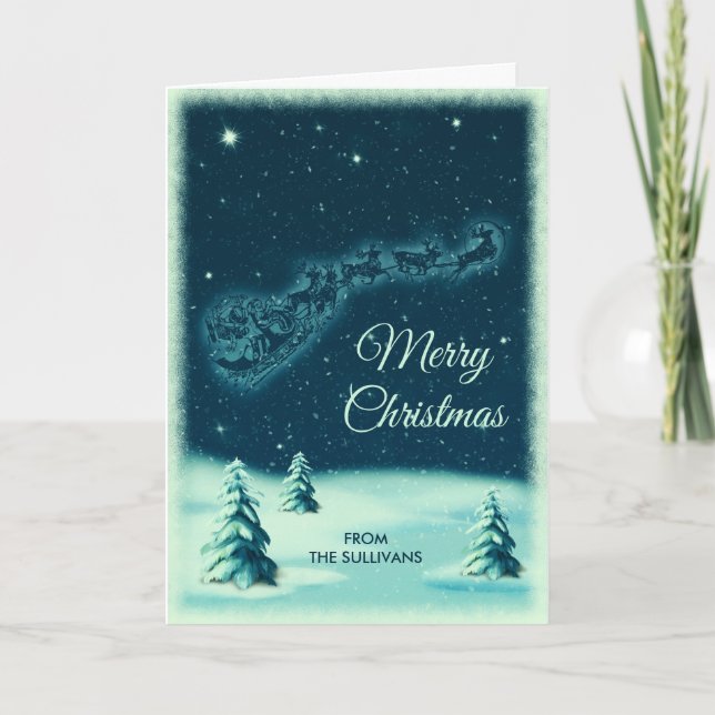 Reindeers Pulling Santa Claus Christmas Card (Front)