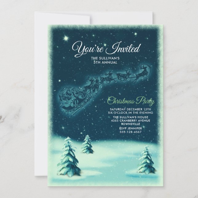 Reindeers Pulling Santa Claus Christmas Party Invitation (Front)
