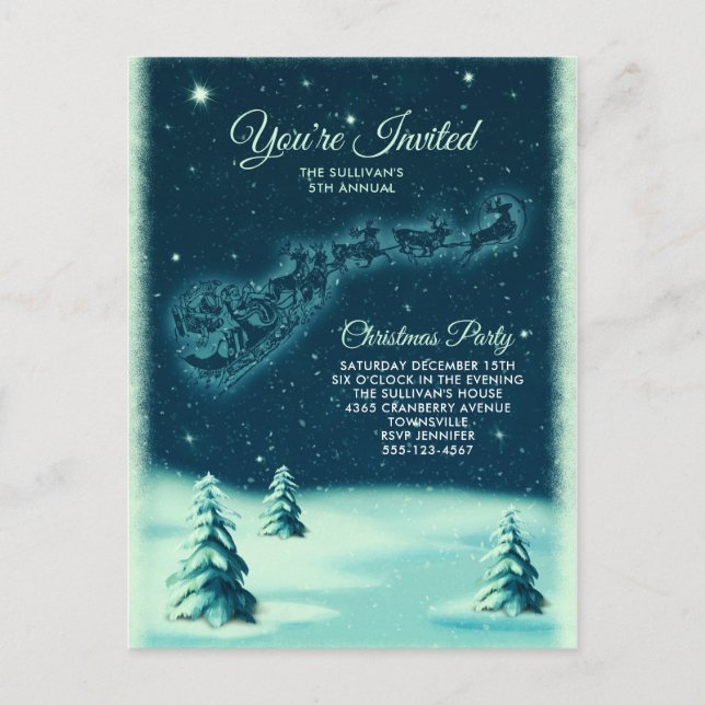 Reindeers Pulling Santa Claus Christmas Party Postcard (Front)