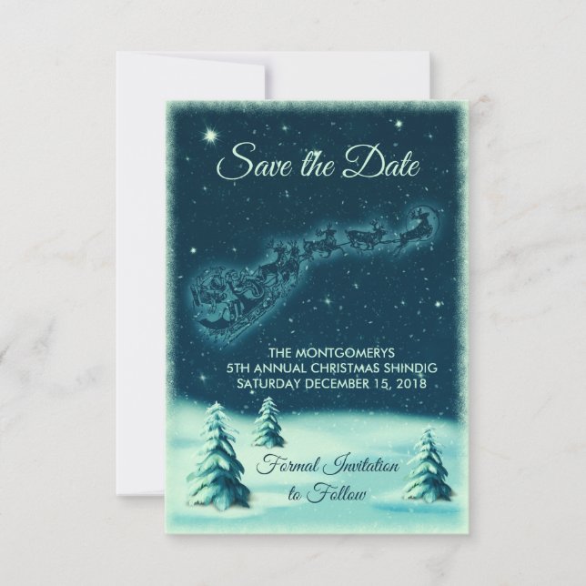 Reindeers Pulling Santa's Sleigh in the Night Sky Save The Date (Front)