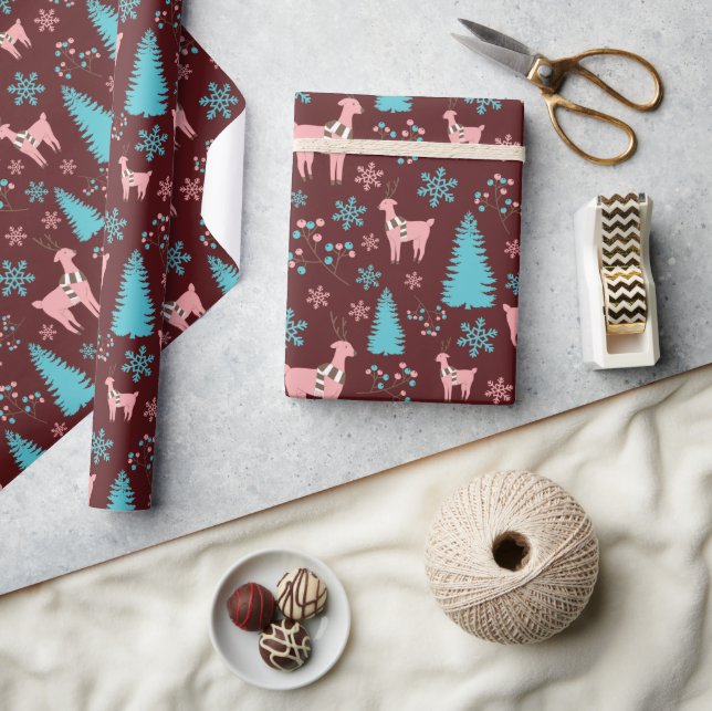 Reindeers Snowflakes Pine Tree and Berries Dark  Wrapping Paper (Crafts)
