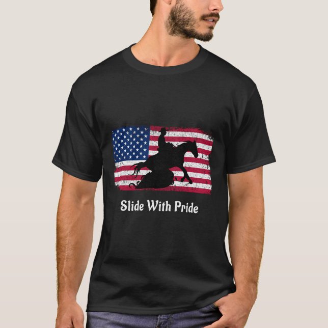 Reining Horse Sliding Stop Patriotic American Flag T-Shirt (Front)