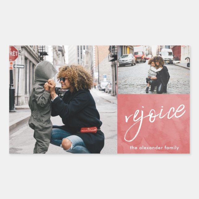Rejoice and Be Glad Red and White Photo Christmas Sticker (Front)