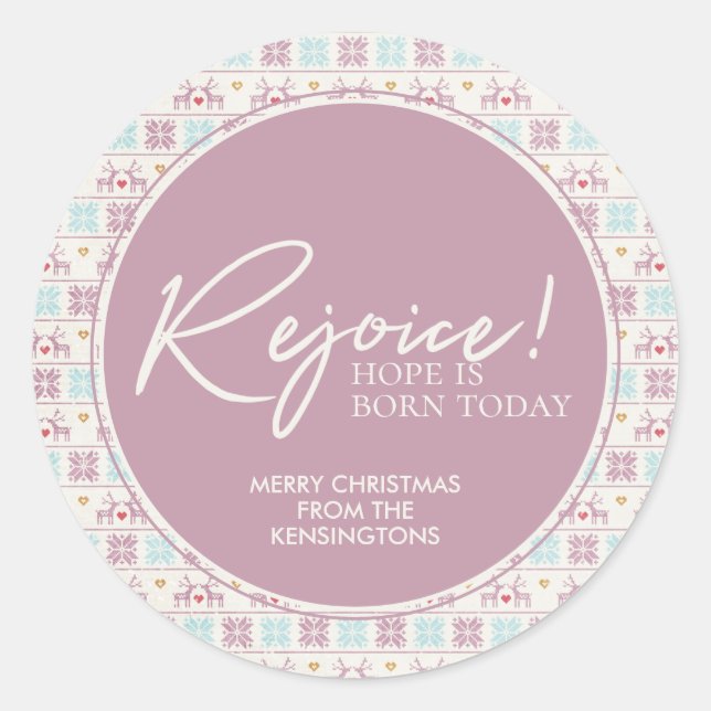 Rejoice Christmas Pastel Typography Snowflake Classic Round Sticker (Front)