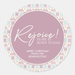 Rejoice Christmas Pastel Typography Snowflake Classic Round Sticker