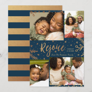 Rejoice Collage Christmas Card Faux Foil Blue