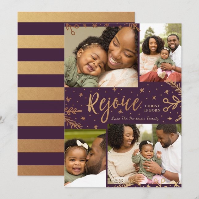Rejoice | Collage Christmas Card | Faux Foil Plum (Front/Back)