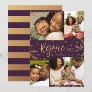 Rejoice Collage Christmas Card Faux Foil Plum
