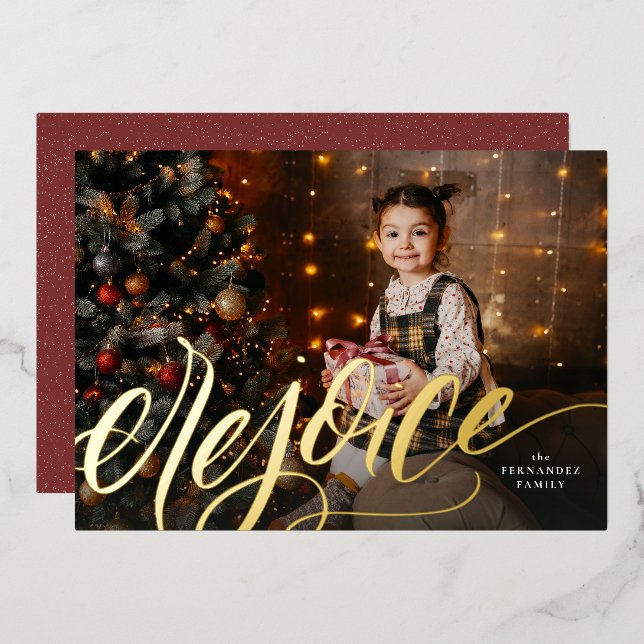 Rejoice handlettered script religious Christmas Foil Holiday Card (Front/Back)