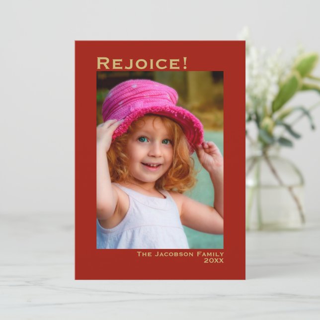 Rejoice! Minimalist Red & Gold Photo Christmas Holiday Card (Standing Front)