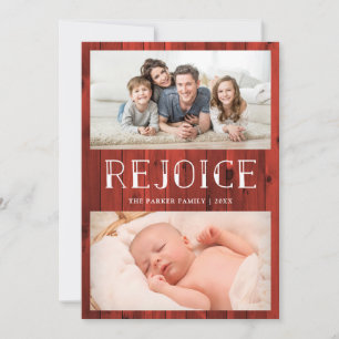 Rejoice on Red Wood   Rustic Multi Photo Christmas Holiday Card